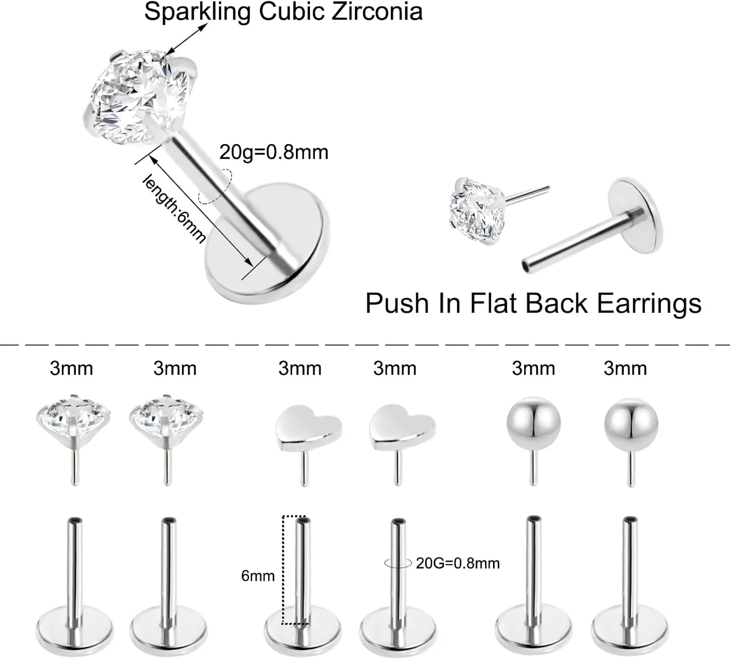 Threadless Flat Back Stud Earrings for Women,14K Gold Push In Cartilage Tragus Helix Earrings for Multiple Piercing,Hypoallergenic Ball CZ Heart Surgical Steel Earrings for Sensitive Ears