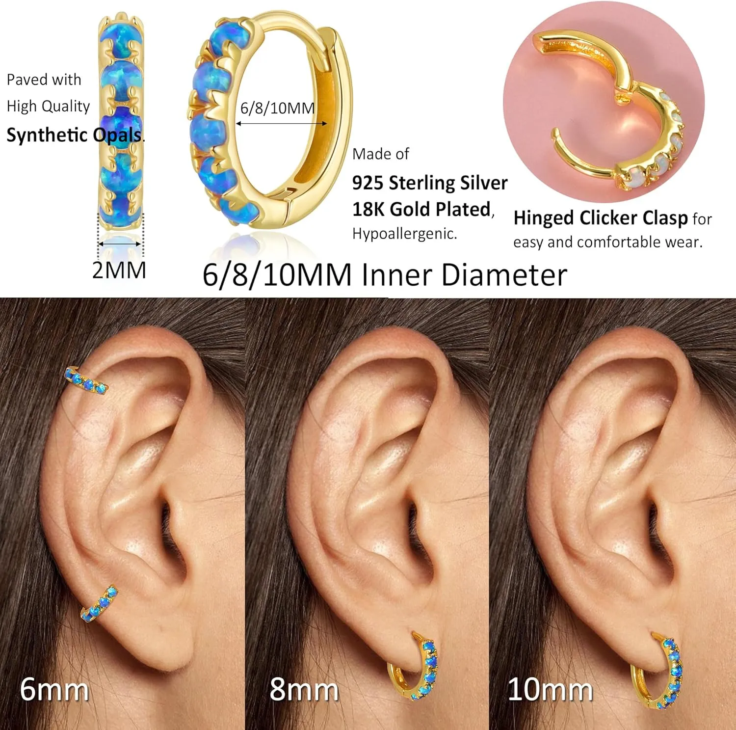 Tiny Mini Opal Huggie Hoop Earrings Upper Ear Cartilage Helix 18k Gold Plated Silver Minimalist Simple Small 10mm 8mm 6mm Hoop Earrings