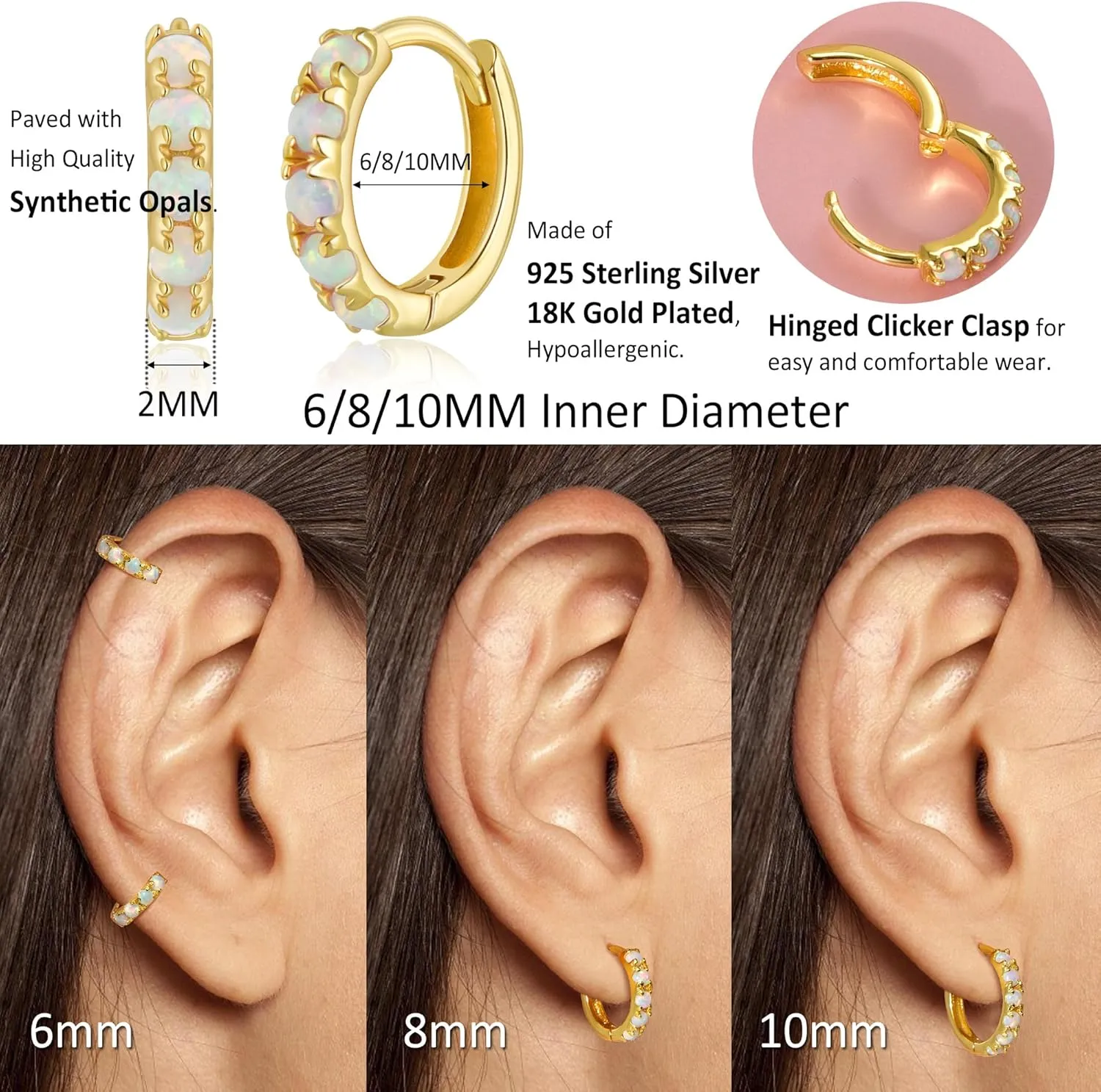 Tiny Mini Opal Huggie Hoop Earrings Upper Ear Cartilage Helix 18k Gold Plated Silver Minimalist Simple Small 10mm 8mm 6mm Hoop Earrings