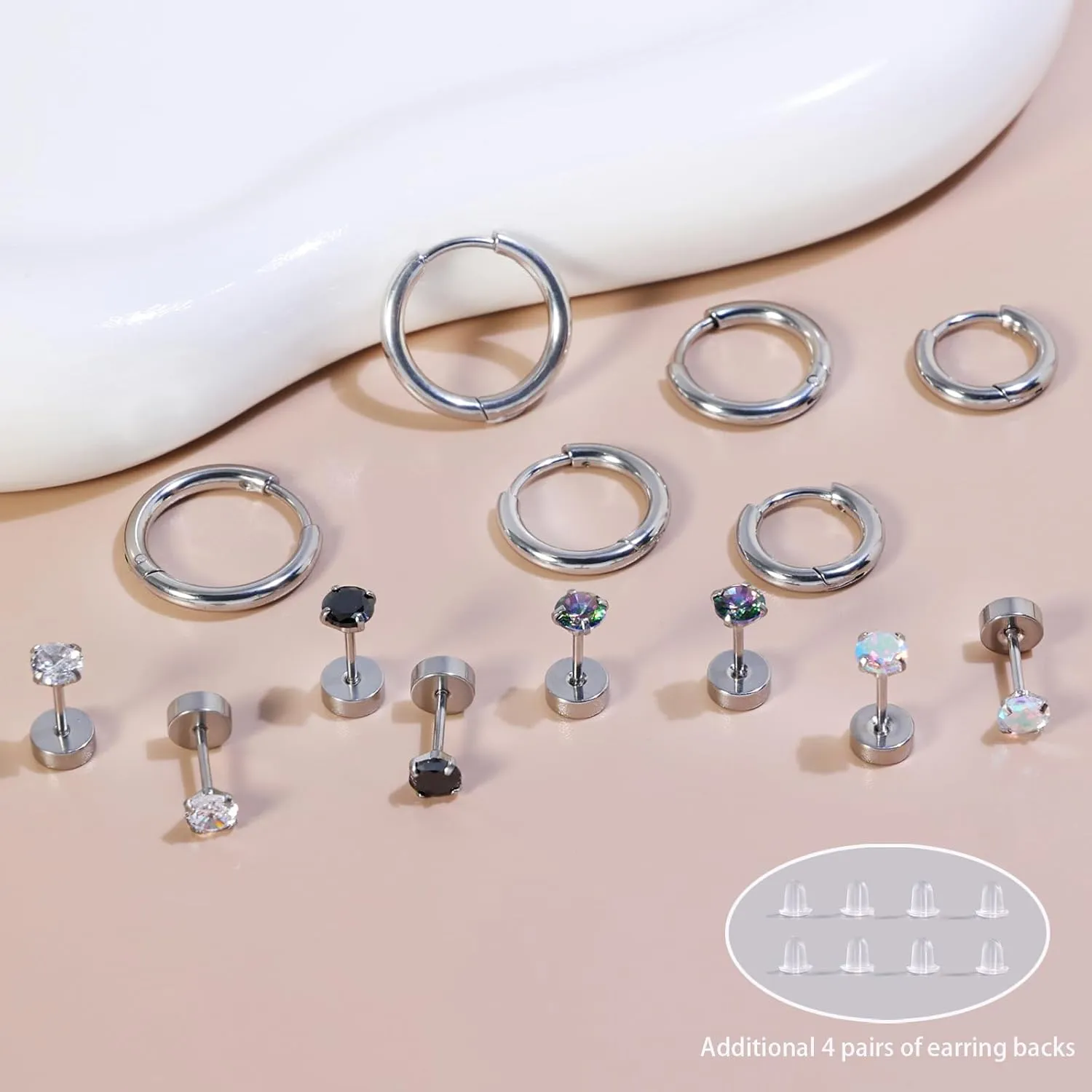 Titanium Earrings for Sensitive Ears - Flat Back Stud & Hoop Earrings Set, Hypoallergenic Surgical Stainless Steel Cubic Zirconia, 7 Pairs