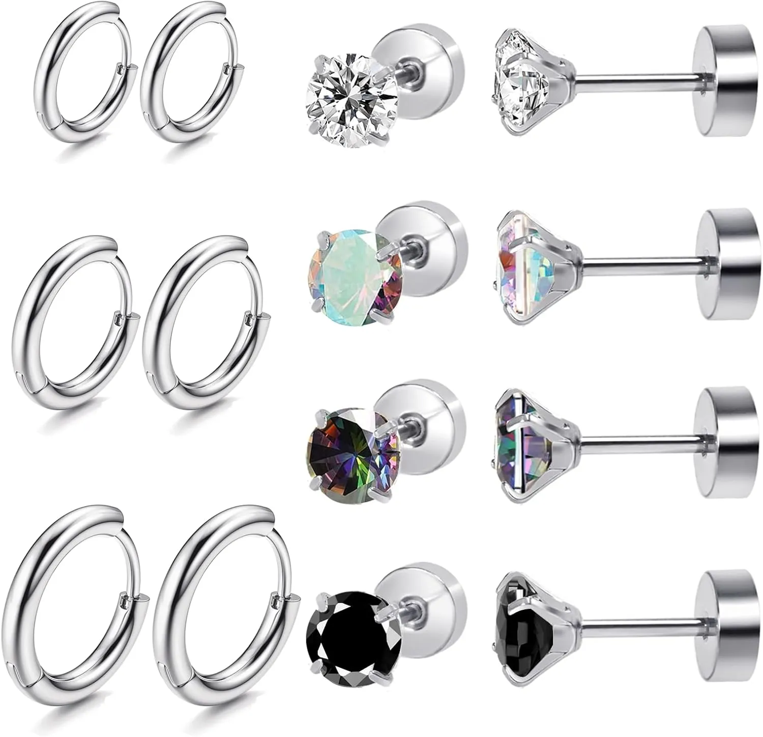 Titanium Earrings for Sensitive Ears - Flat Back Stud & Hoop Earrings Set, Hypoallergenic Surgical Stainless Steel Cubic Zirconia, 7 Pairs