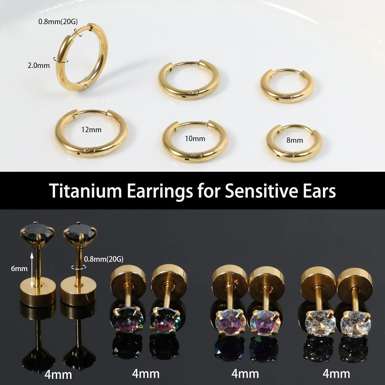 Titanium Earrings for Sensitive Ears - Flat Back Stud & Hoop Earrings Set, Hypoallergenic Surgical Stainless Steel Cubic Zirconia, 7 Pairs