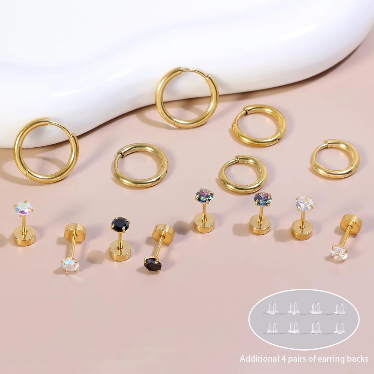 Titanium Earrings for Sensitive Ears - Flat Back Stud & Hoop Earrings Set, Hypoallergenic Surgical Stainless Steel Cubic Zirconia, 7 Pairs