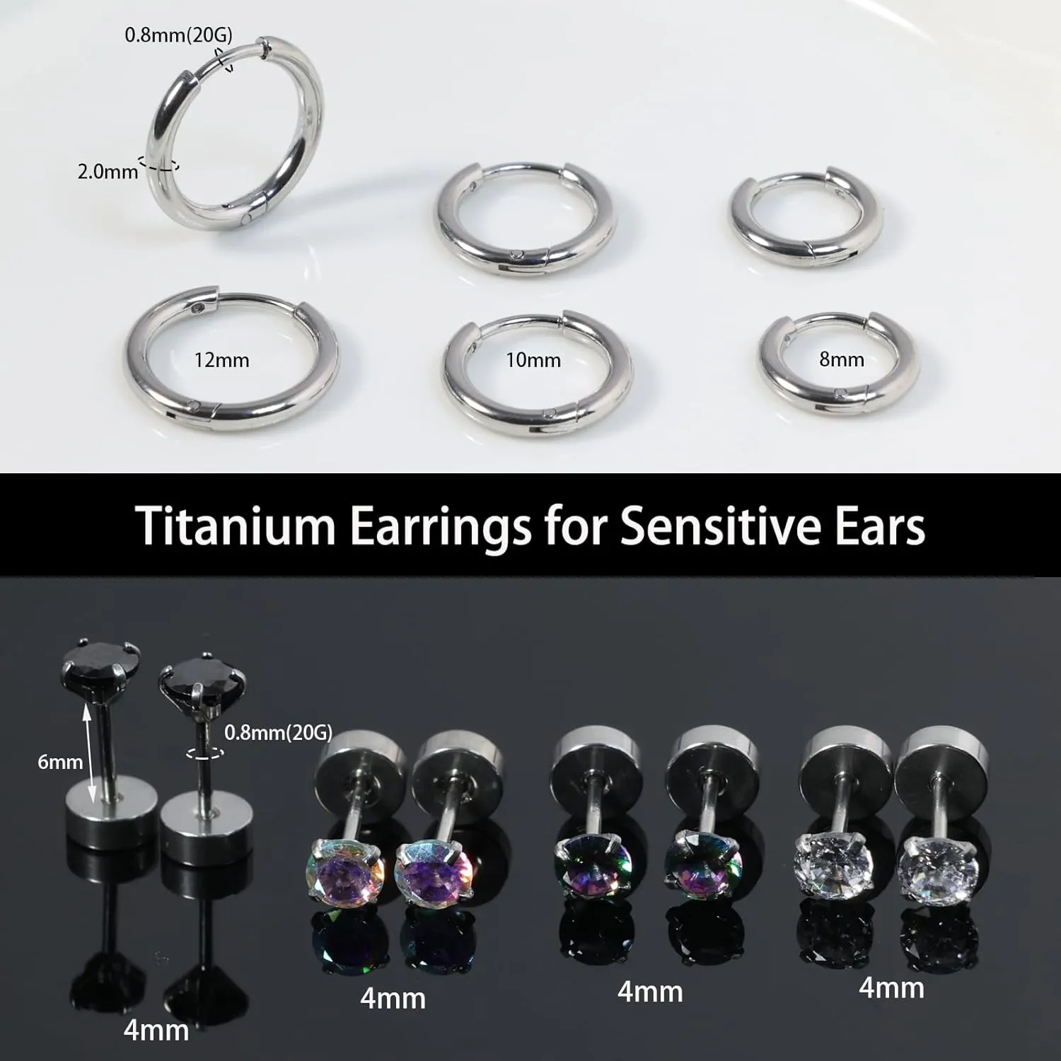 Titanium Earrings for Sensitive Ears - Flat Back Stud & Hoop Earrings Set, Hypoallergenic Surgical Stainless Steel Cubic Zirconia, 7 Pairs