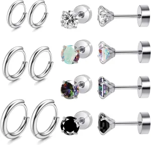 Titanium Earrings for Sensitive Ears - Flat Back Stud & Hoop Earrings Set, Hypoallergenic Surgical Stainless Steel Cubic Zirconia, 7 Pairs