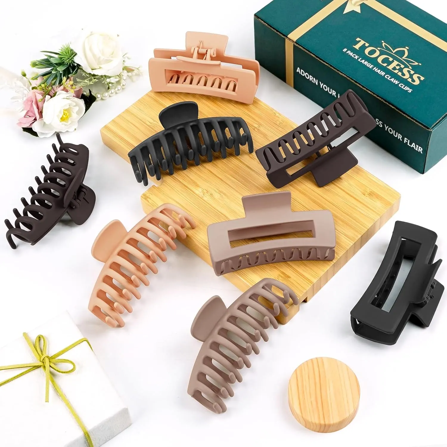 TOCESS 8 Pack Neutral Big Hair Claw Clips for Women Large Claw Clip for Thin Thick Curly Hair 90's Strong Hold 4.33 Inch Nonslip Matte Hair Clips