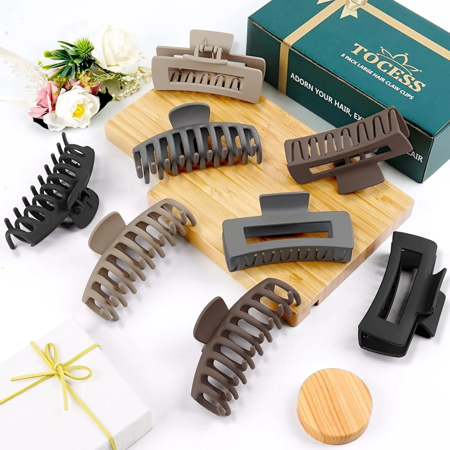 TOCESS 8 Pack Neutral Big Hair Claw Clips for Women Large Claw Clip for Thin Thick Curly Hair 90's Strong Hold 4.33 Inch Nonslip Matte Jumbo Hair Clips