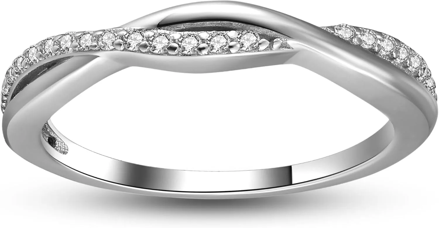 Twisted Half Eternity Wedding Band for Women by Ginger Lyne, Black 925 Sterling Silver Wedding Rings CZ Promise or Stackable Ring for Her Anniversary Cubic Zirconia Engagement Bridal for Women