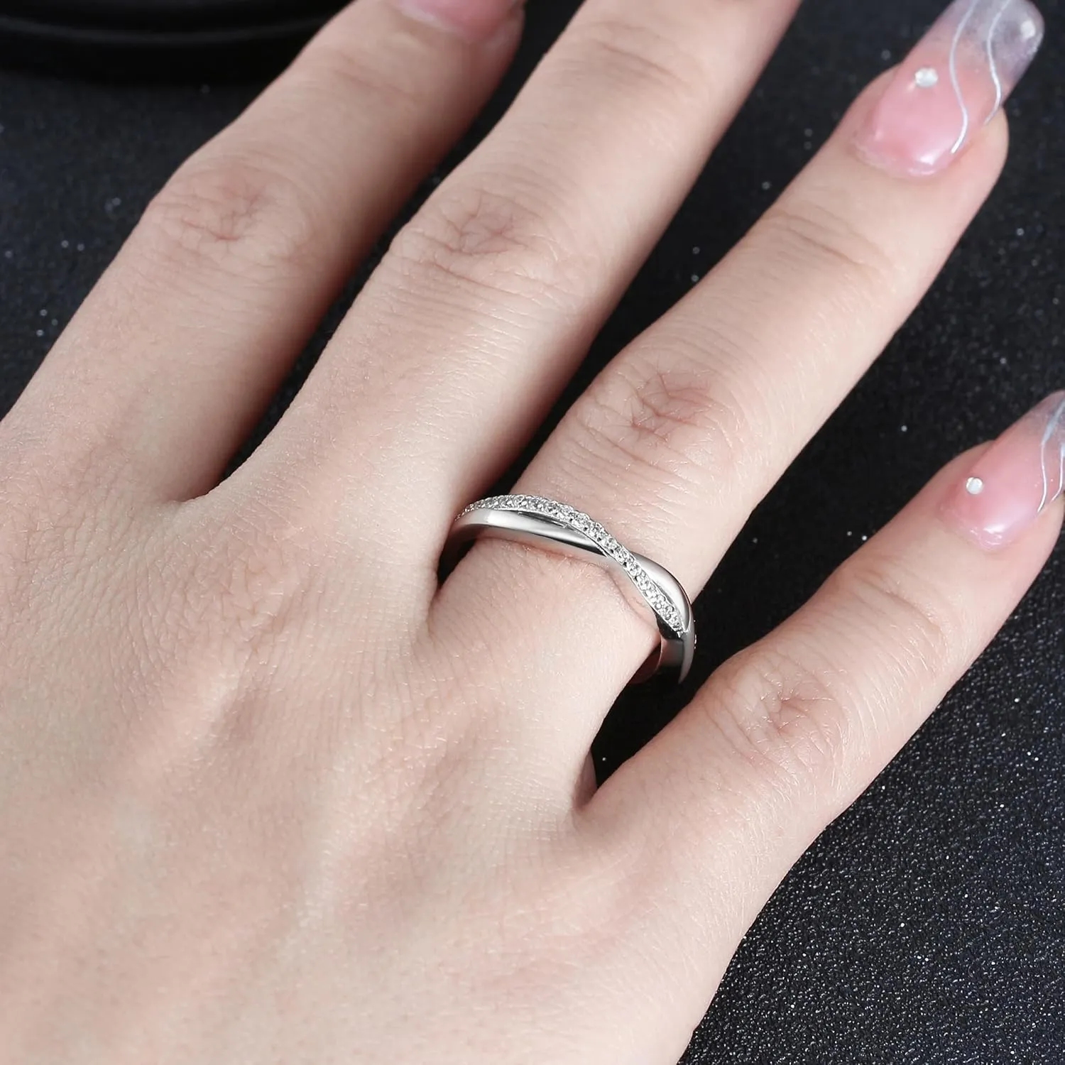 Twisted Half Eternity Wedding Band for Women by Ginger Lyne, Black 925 Sterling Silver Wedding Rings CZ Promise or Stackable Ring for Her Anniversary Cubic Zirconia Engagement Bridal for Women
