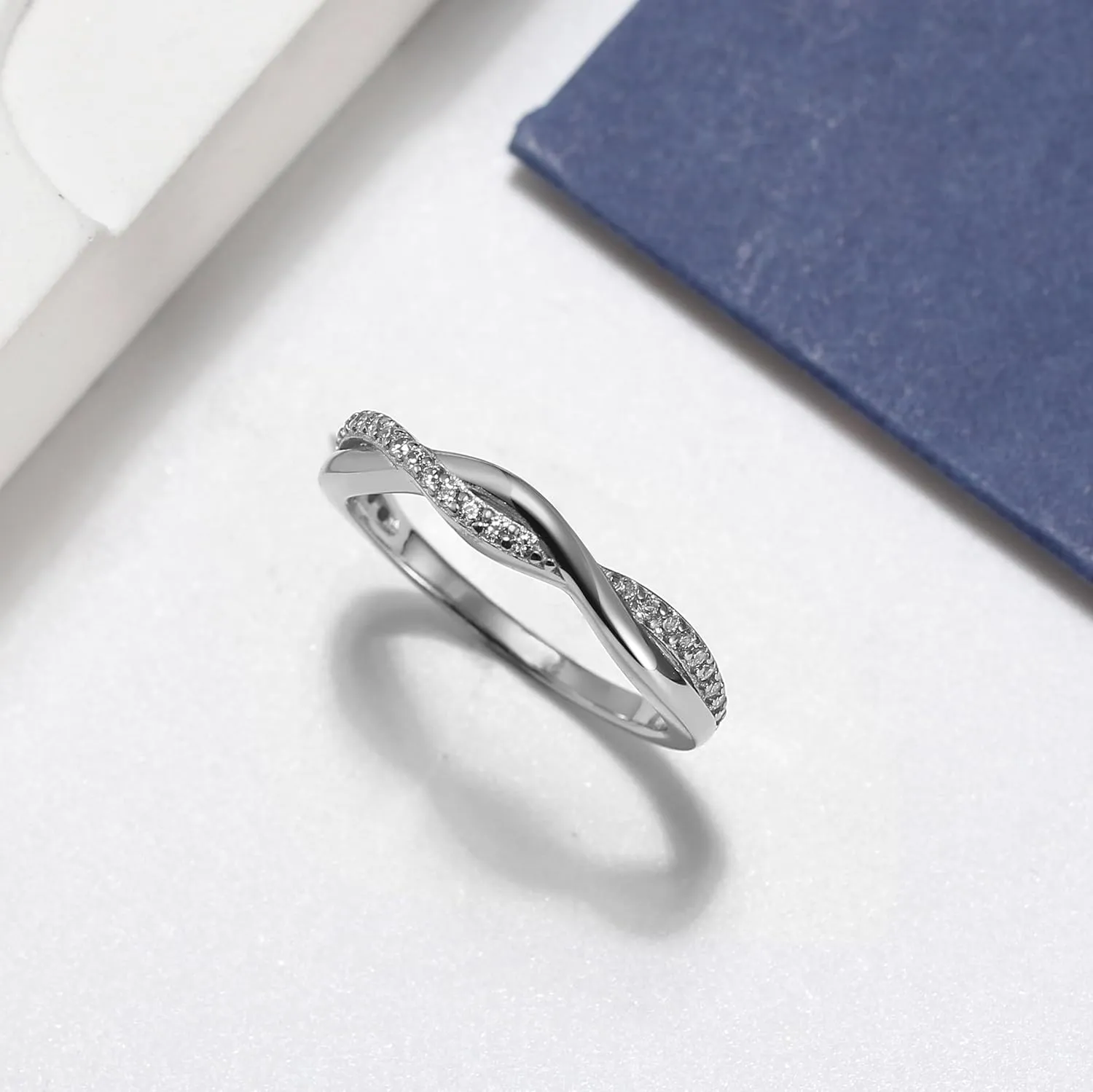 Twisted Half Eternity Wedding Band for Women by Ginger Lyne, Black 925 Sterling Silver Wedding Rings CZ Promise or Stackable Ring for Her Anniversary Cubic Zirconia Engagement Bridal for Women