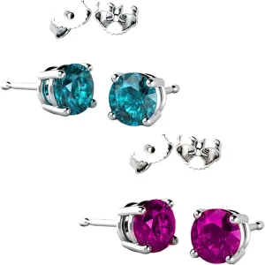 Unique 925 Sterling Silver Combo Cubic Zirconia Blue Simulated Topaz & Pink Color Round Stud Earrings 2.00 Carat Total Weight Each Pair