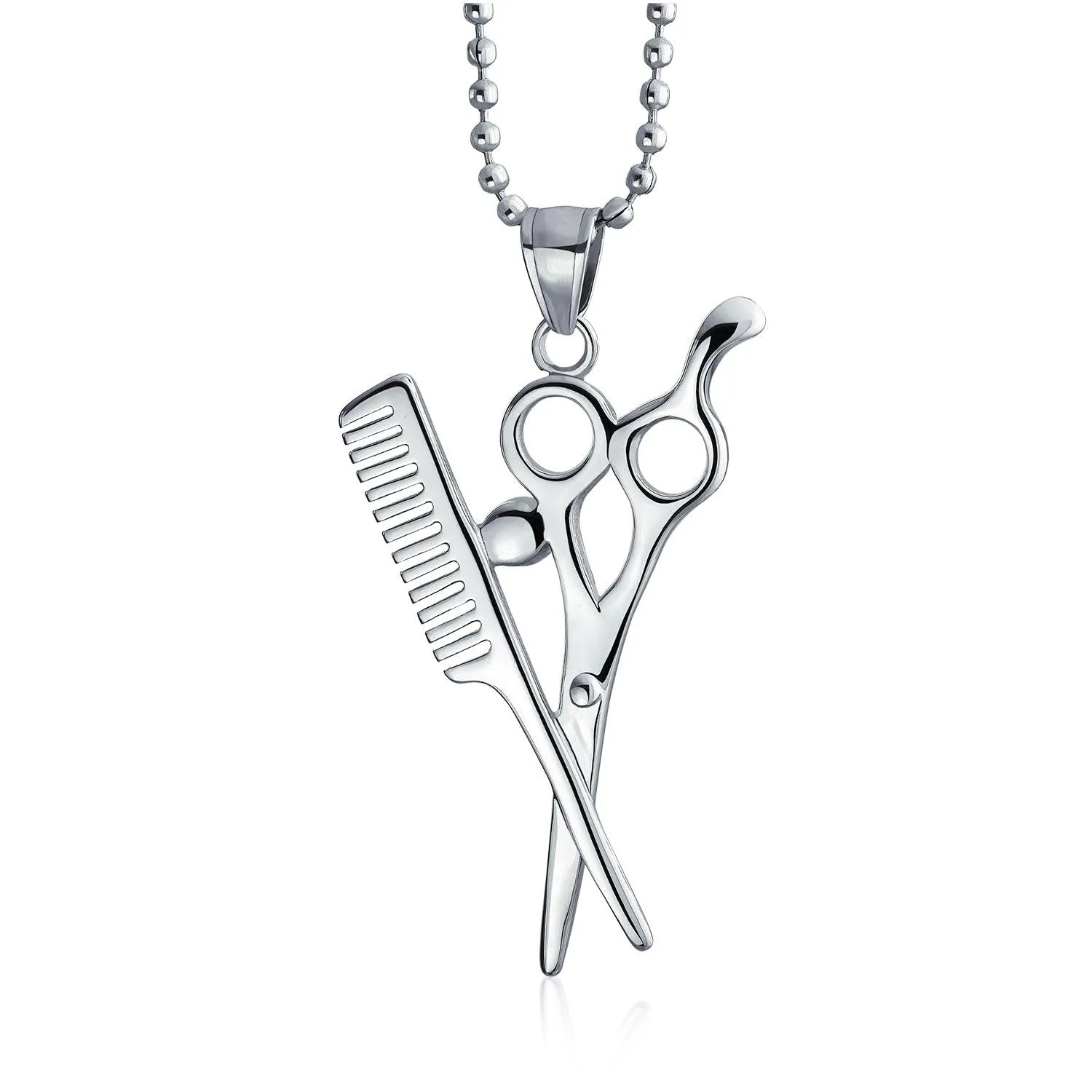 Unisex Whimsical Scissors Comb Pendant Necklace Crystal Accent Silver-Tone Chain
