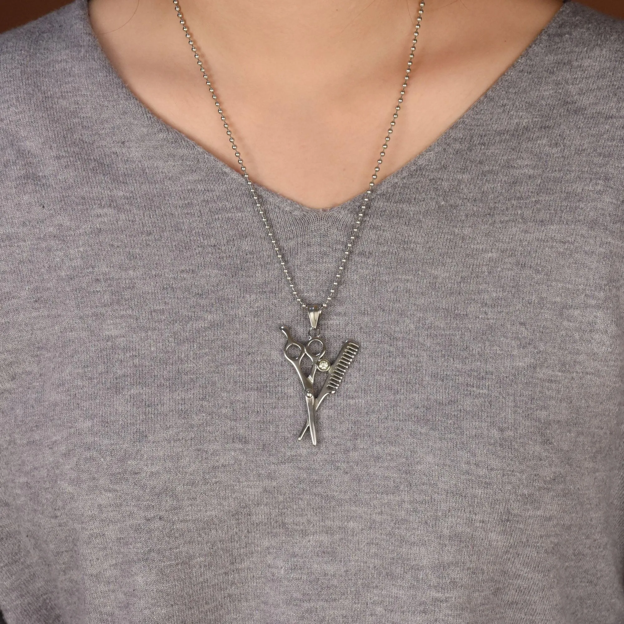 Unisex Whimsical Scissors Comb Pendant Necklace Crystal Accent Silver-Tone Chain