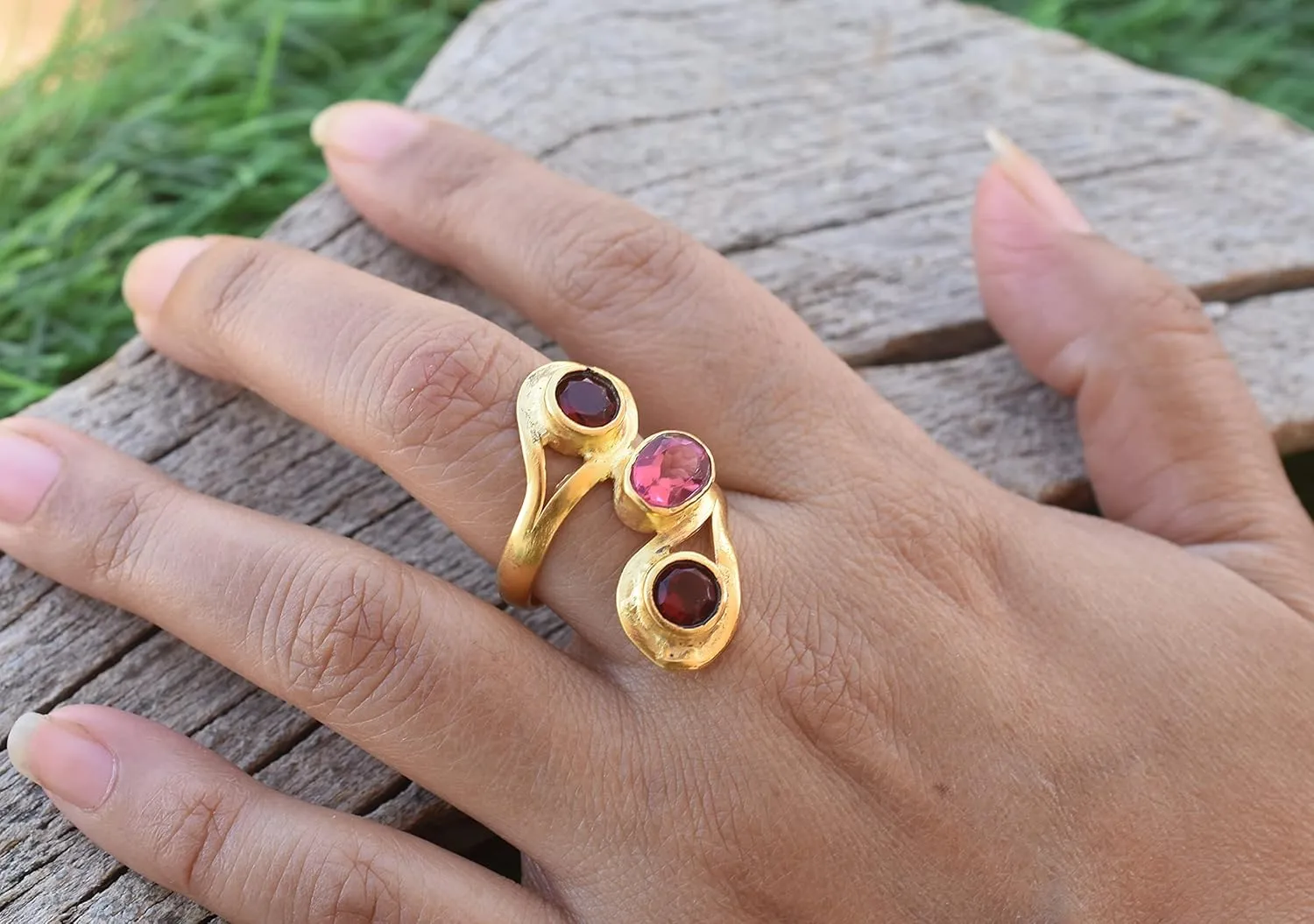 Veracity Jewelry Gold Plated Multi Gemstone Rings For Women & Girls - Jewelry For Women's Birthday Anniversary Wife Mom Girlfriend Sister - Handmade Jewelry (Garnet and Pink Tourmaline)