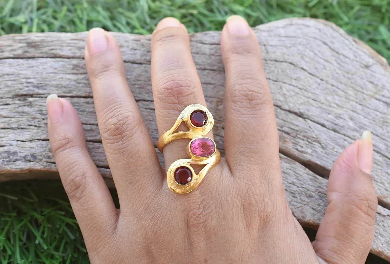 Veracity Jewelry Gold Plated Multi Gemstone Rings For Women & Girls - Jewelry For Women's Birthday Anniversary Wife Mom Girlfriend Sister - Handmade Jewelry (Garnet and Pink Tourmaline)