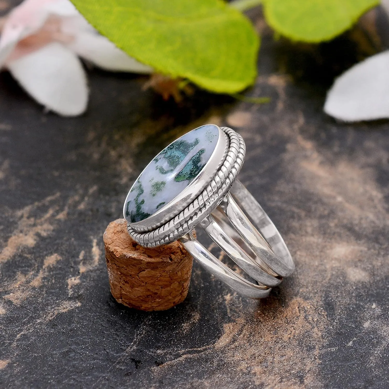 Veracity Jewelry Sterling Silver Gemstone Statement Rings  Jewelry For Women Birthday Anniversary Wife Mom Girlfriend Sister  Vintage Boho Style Handmade Gifts (White moss agate)
