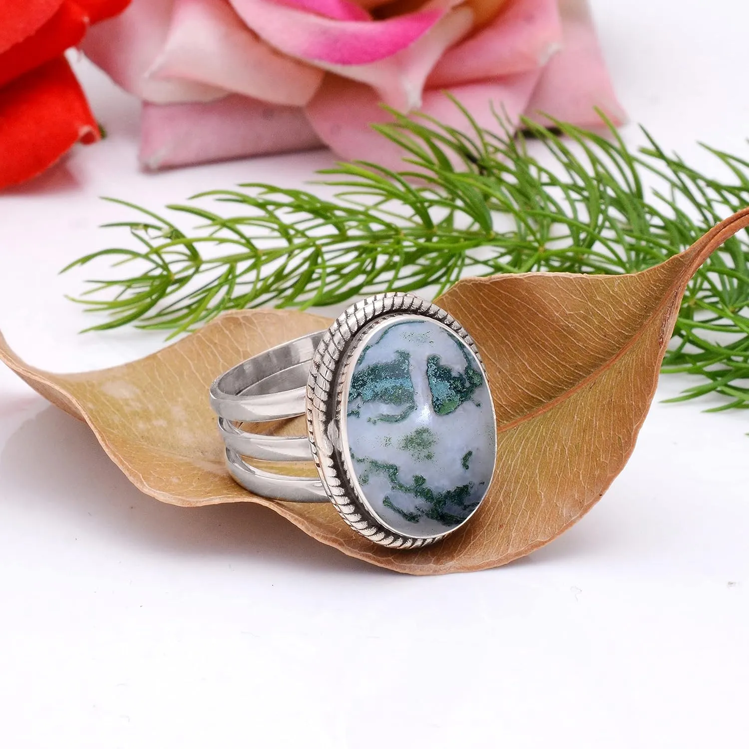 Veracity Jewelry Sterling Silver Gemstone Statement Rings  Jewelry For Women Birthday Anniversary Wife Mom Girlfriend Sister  Vintage Boho Style Handmade Gifts (White moss agate)
