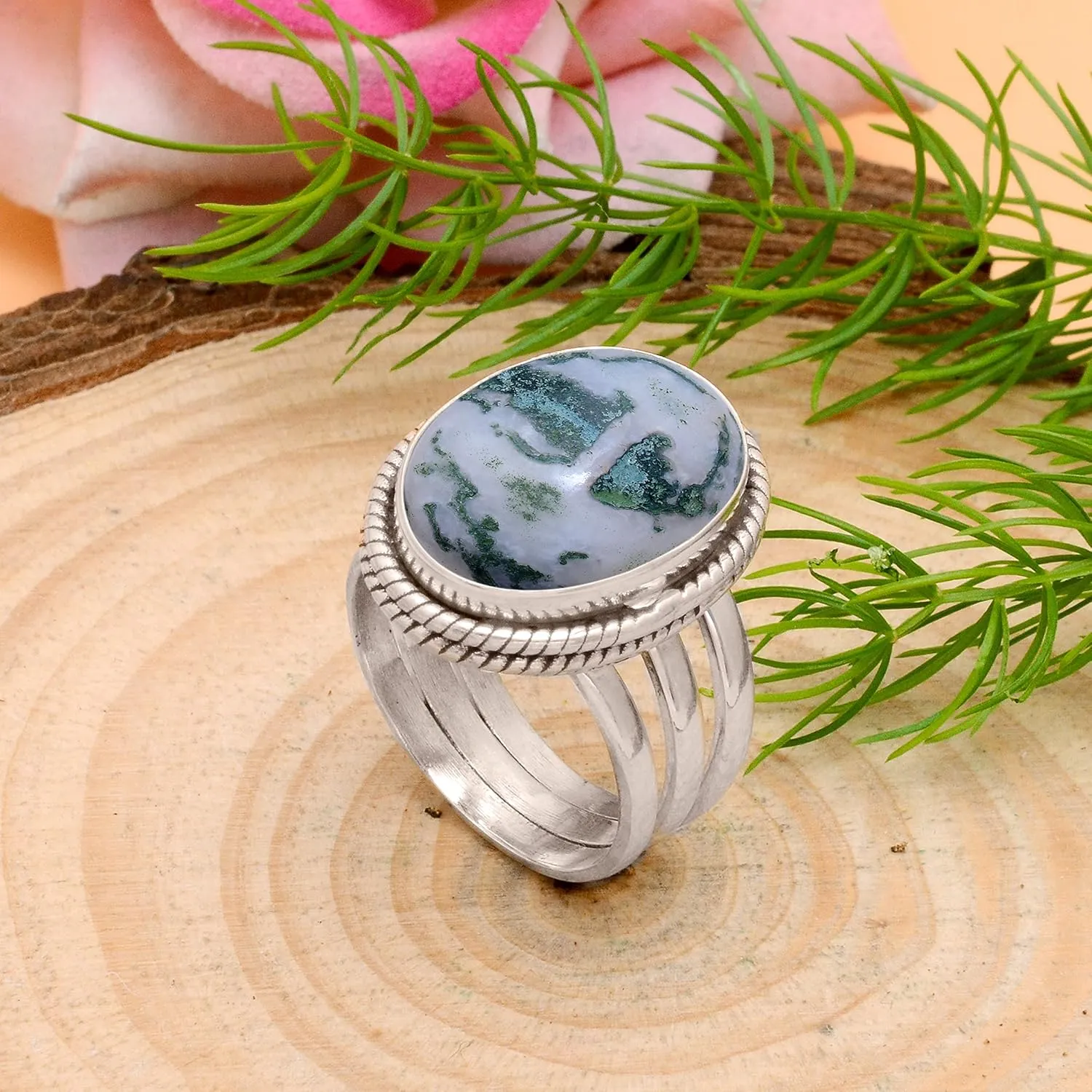 Veracity Jewelry Sterling Silver Gemstone Statement Rings  Jewelry For Women Birthday Anniversary Wife Mom Girlfriend Sister  Vintage Boho Style Handmade Gifts (White moss agate)
