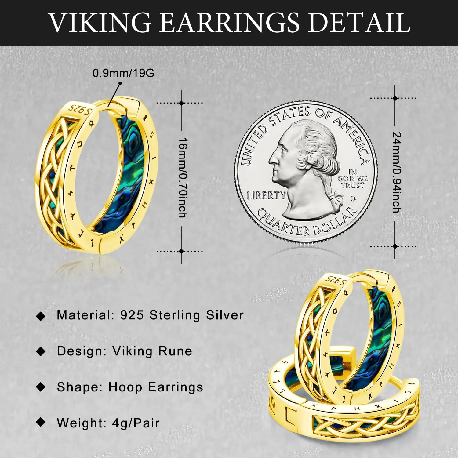 Viking Earrings Norse for Men Women 16mm 925 Sterling Silver Huggie Rune Celtic Hoop Earring Viking Jewelry Gifts Sturdy Punk Hoop Earrings Silver