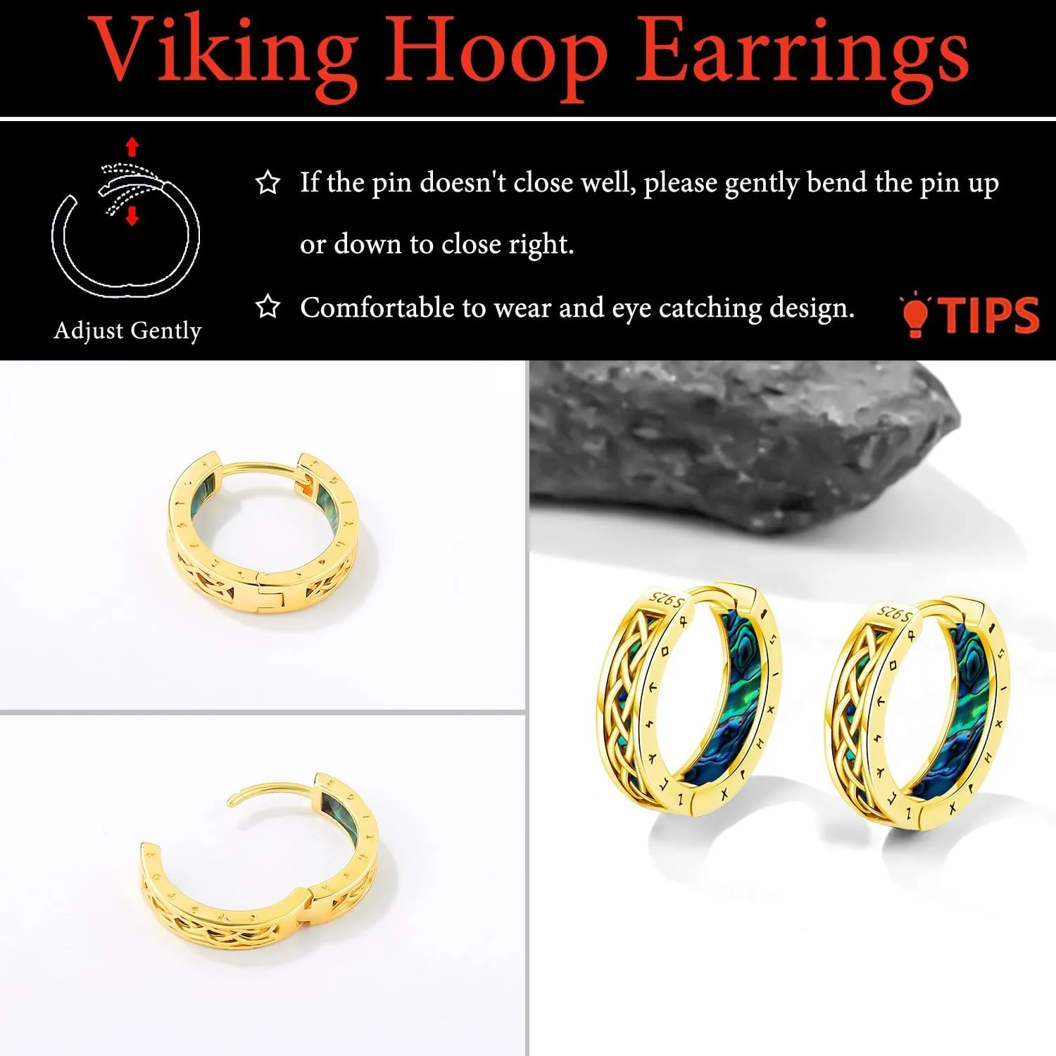 Viking Earrings Norse for Men Women 16mm 925 Sterling Silver Huggie Rune Celtic Hoop Earring Viking Jewelry Gifts Sturdy Punk Hoop Earrings Silver