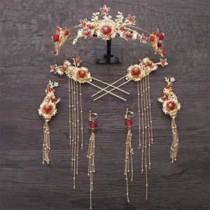 Vintage Chinese Hair Sticks Headbands Set Red Flower Hairpins Chinese Hair Accessories Set