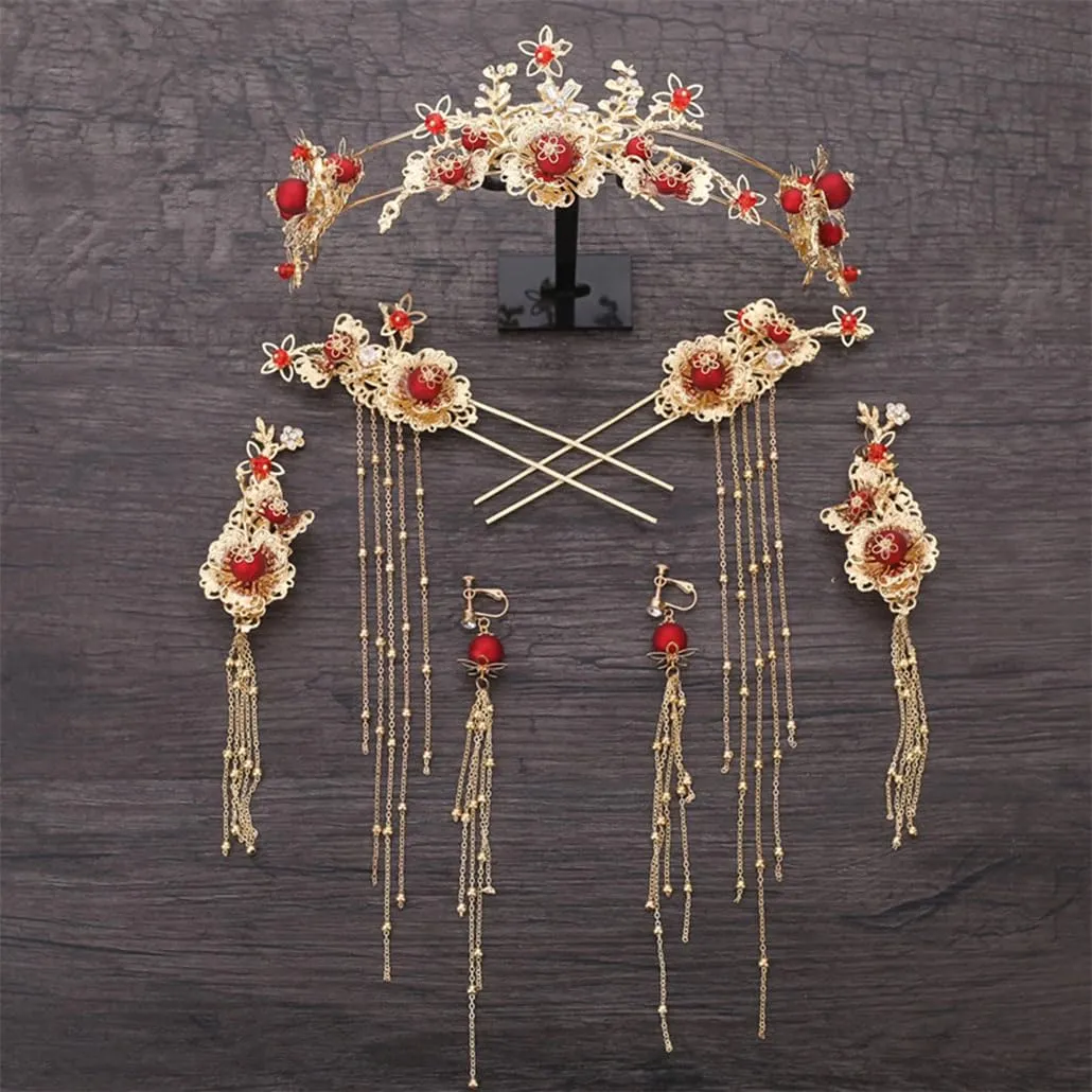 Vintage Chinese Hair Sticks Headbands Set Red Flower Hairpins Chinese Hair Accessories Set
