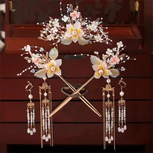 Vintage Floral Hair Sticks Earring Set Chinese Wedding Bridal Pearls Tassel Hairpin Hair Accessories
