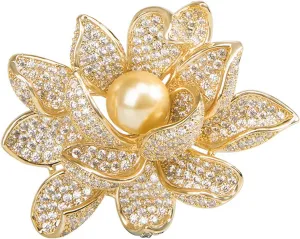 Vintage Lotus Flower Brooch Pin Gold Tone Brooches for Women with Imitation Pearl Zirconia Broach Jewelry