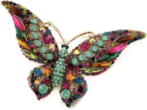 Vintage Turquoise Green Accent Multicolored Crystal Large Butterfly Brooch Statement Pin Insect Jewelry
