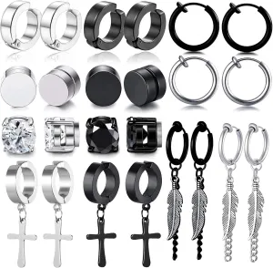 WAINIS 12 Pairs Stainless Steel Non Pierced Earrings for Men Women Magnet CZ Clip on Feather Dangle Earrings Set 6mm
