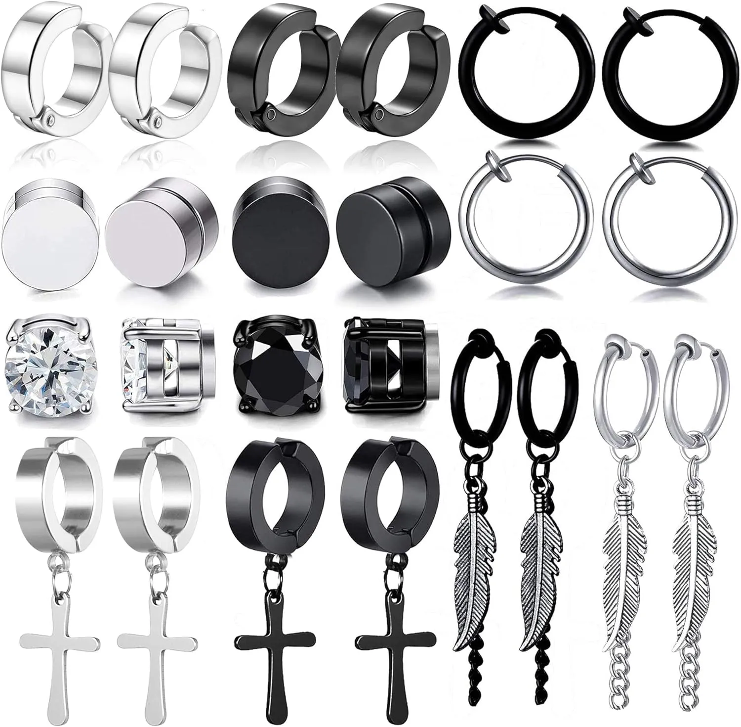 WAINIS 12 Pairs Stainless Steel Non Pierced Earrings for Men Women Magnet CZ Clip on Feather Dangle Earrings Set 6mm