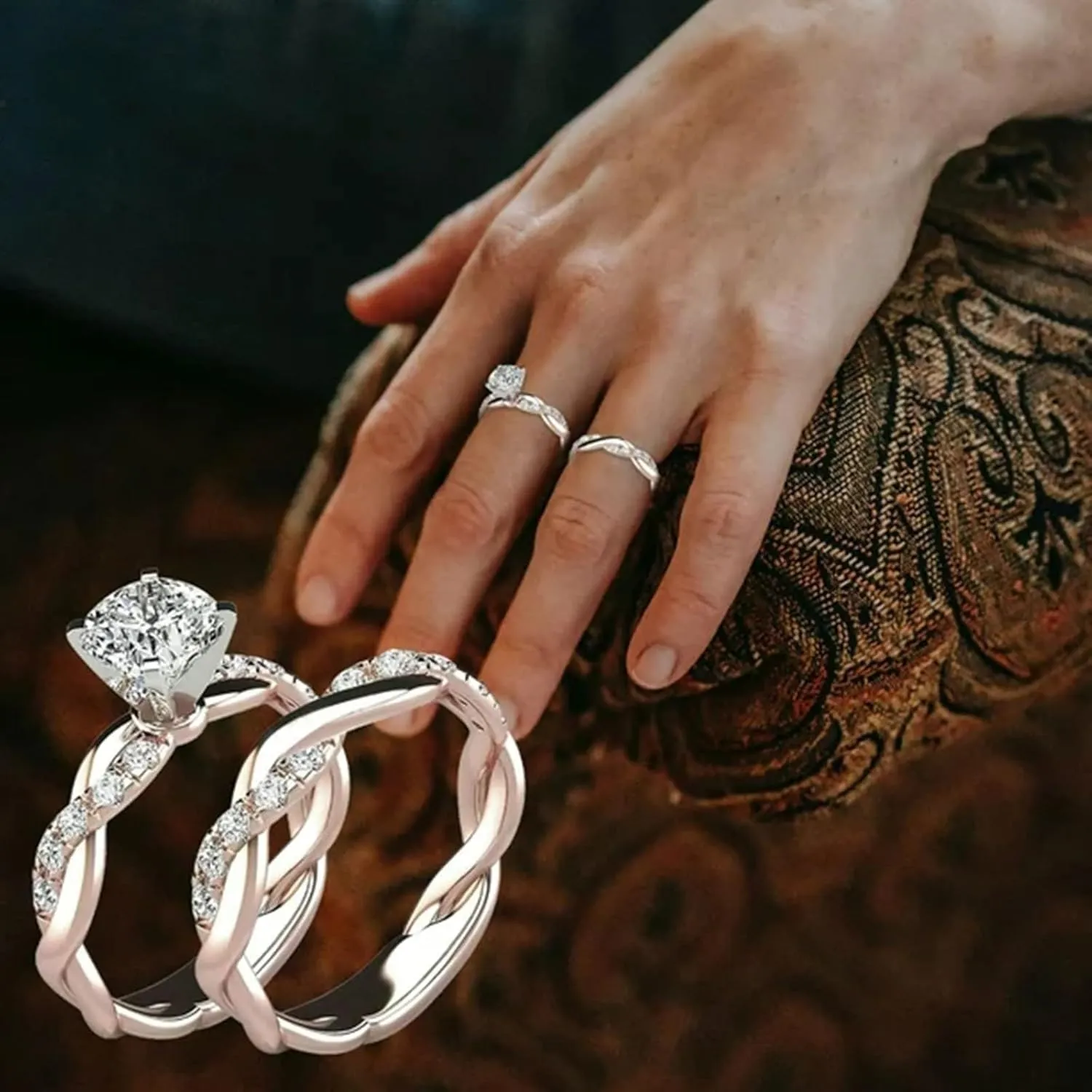 Wedding Bands Engagement Rings Women Rose Gold Cubic Zirconia Promise Her Anniversary Diamond Ring Set Filled Stacking Rings (C, 7)