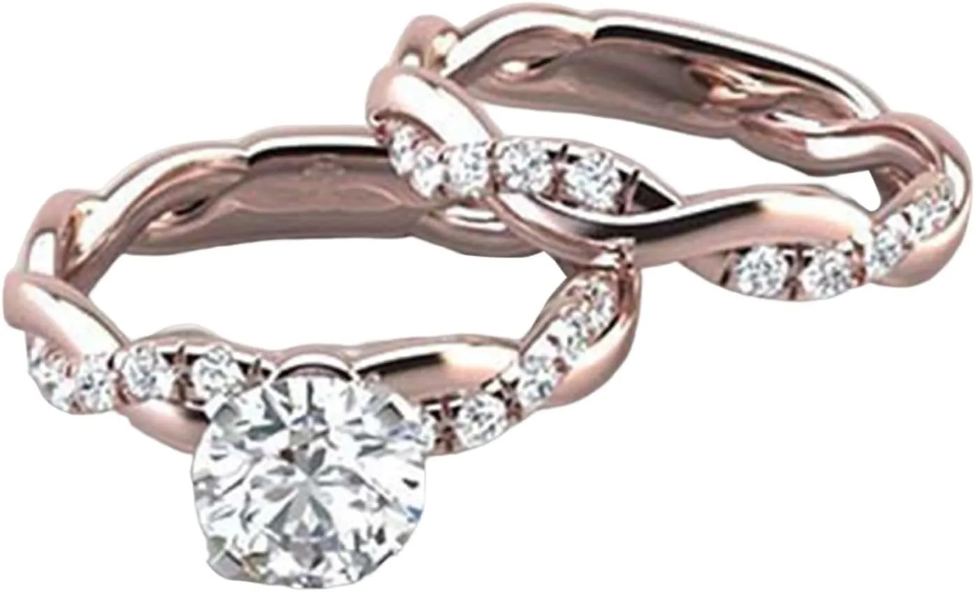 Wedding Bands Engagement Rings Women Rose Gold Cubic Zirconia Promise Her Anniversary Diamond Ring Set Filled Stacking Rings (C, 7)