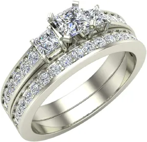 Wedding Ring Set for Women Princess Cut Past Present Future Bridal Set 14K Gold 1.06 carat
