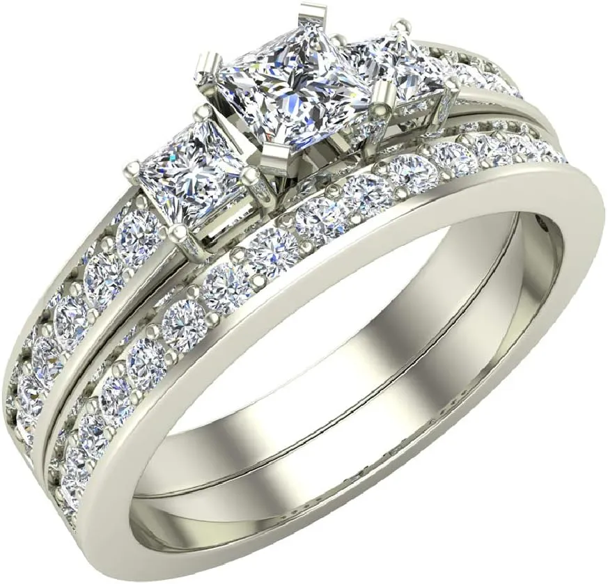 Wedding Ring Set for Women Princess Cut Past Present Future Bridal Set 14K Gold 1.06 carat