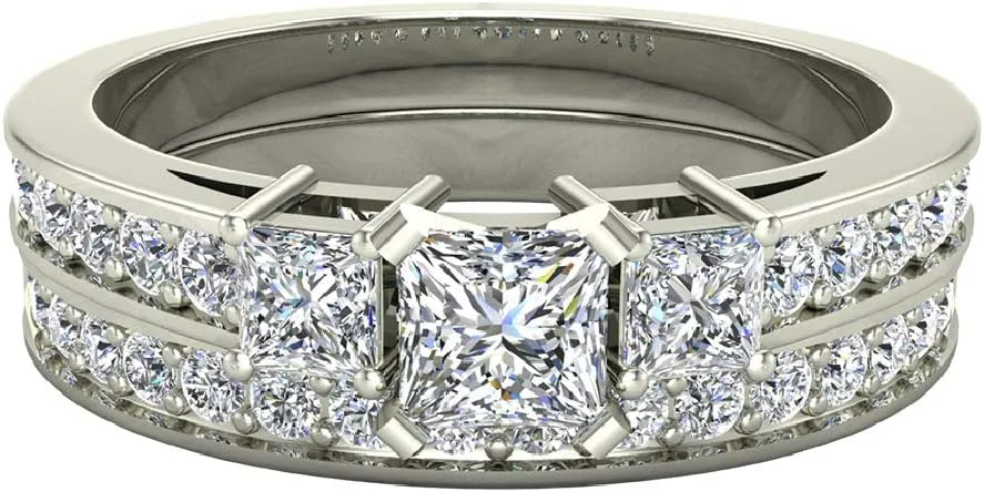 Wedding Ring Set for Women Princess Cut Past Present Future Bridal Set 14K Gold 1.06 carat