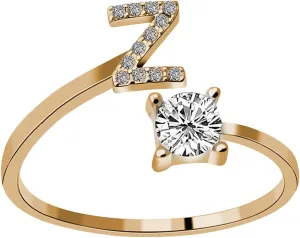 Women's 26 Letter Ring Diamond Rhinestone Set Zirconia Open Adjustable Rings Jewelry Accessories Gifts Elegant Diamond Rings for Women Finger Rings for Women (Z, One Size)