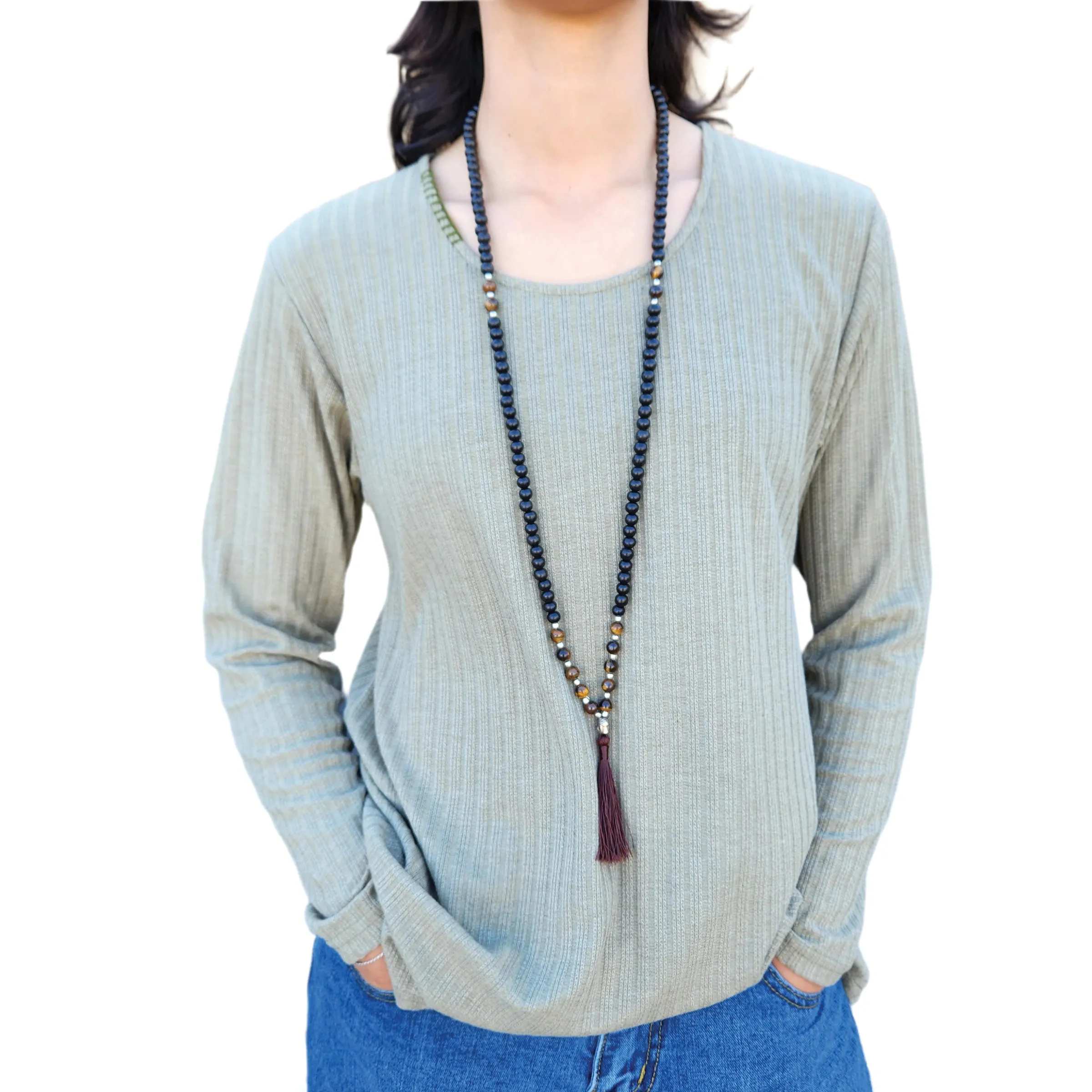 Wooden Beaded Mala Necklace with Tiger's Eye