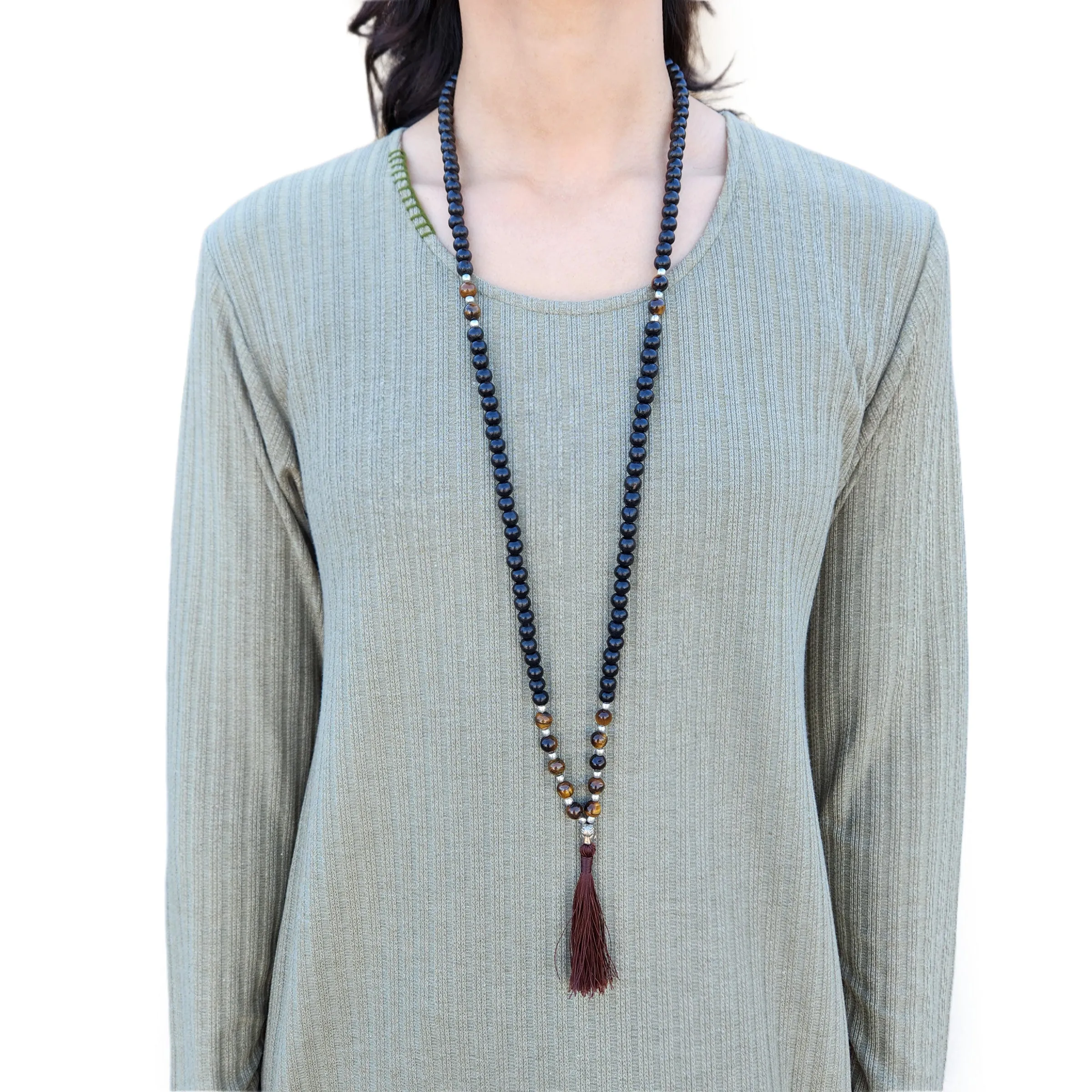 Wooden Beaded Mala Necklace with Tiger's Eye