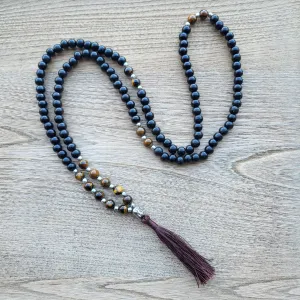 Wooden Beaded Mala Necklace with Tiger's Eye