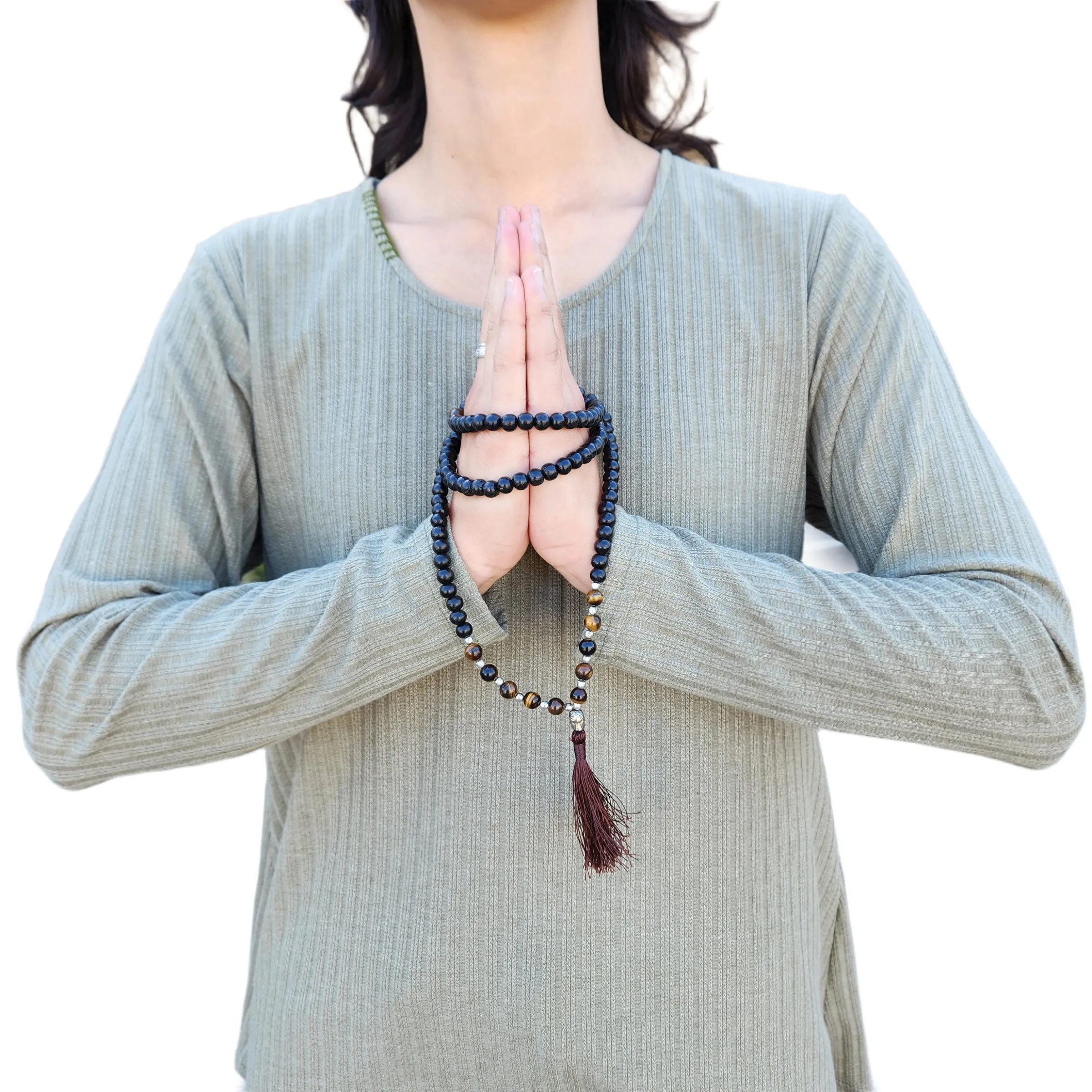 Wooden Beaded Mala Necklace with Tiger's Eye