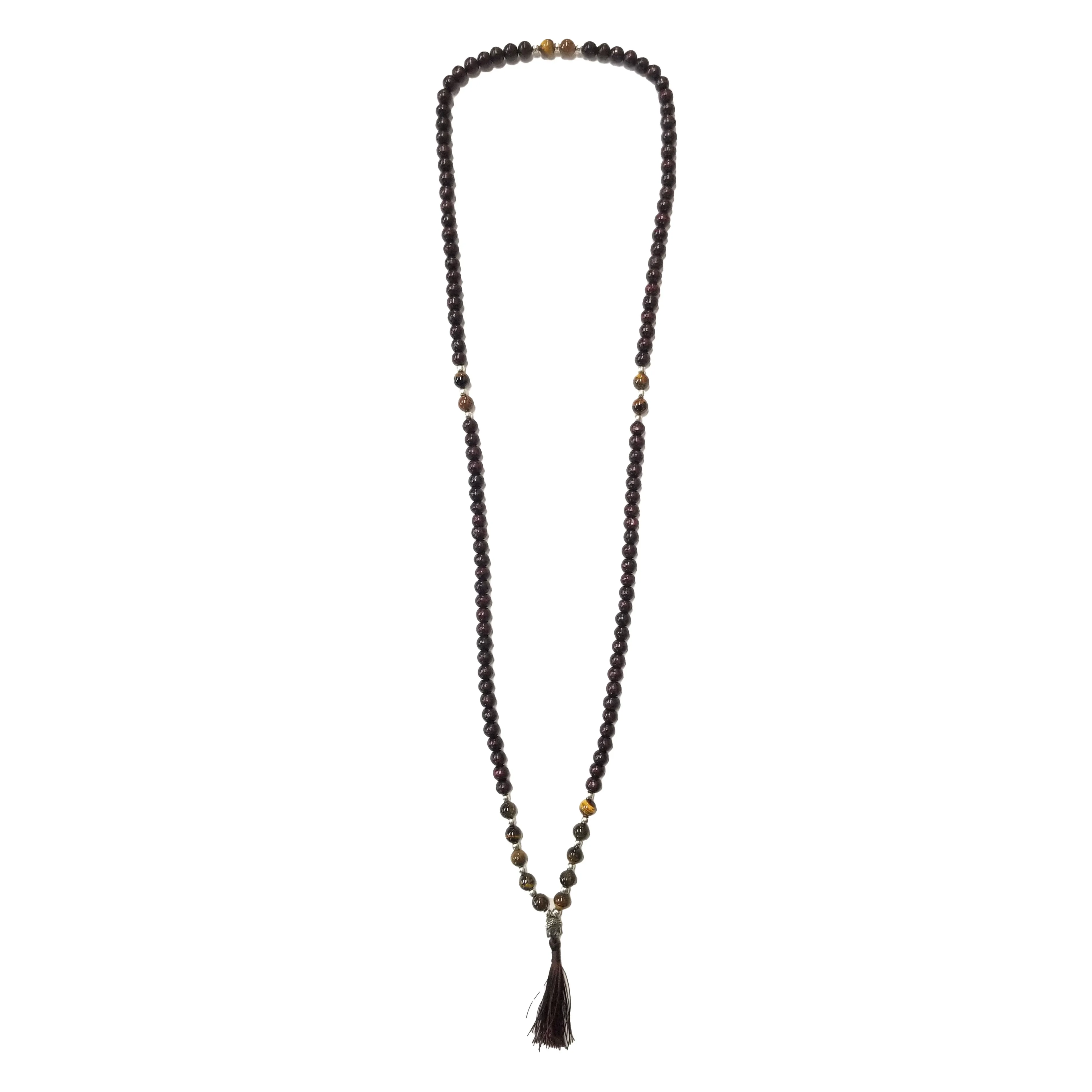 Wooden Beaded Mala Necklace with Tiger's Eye