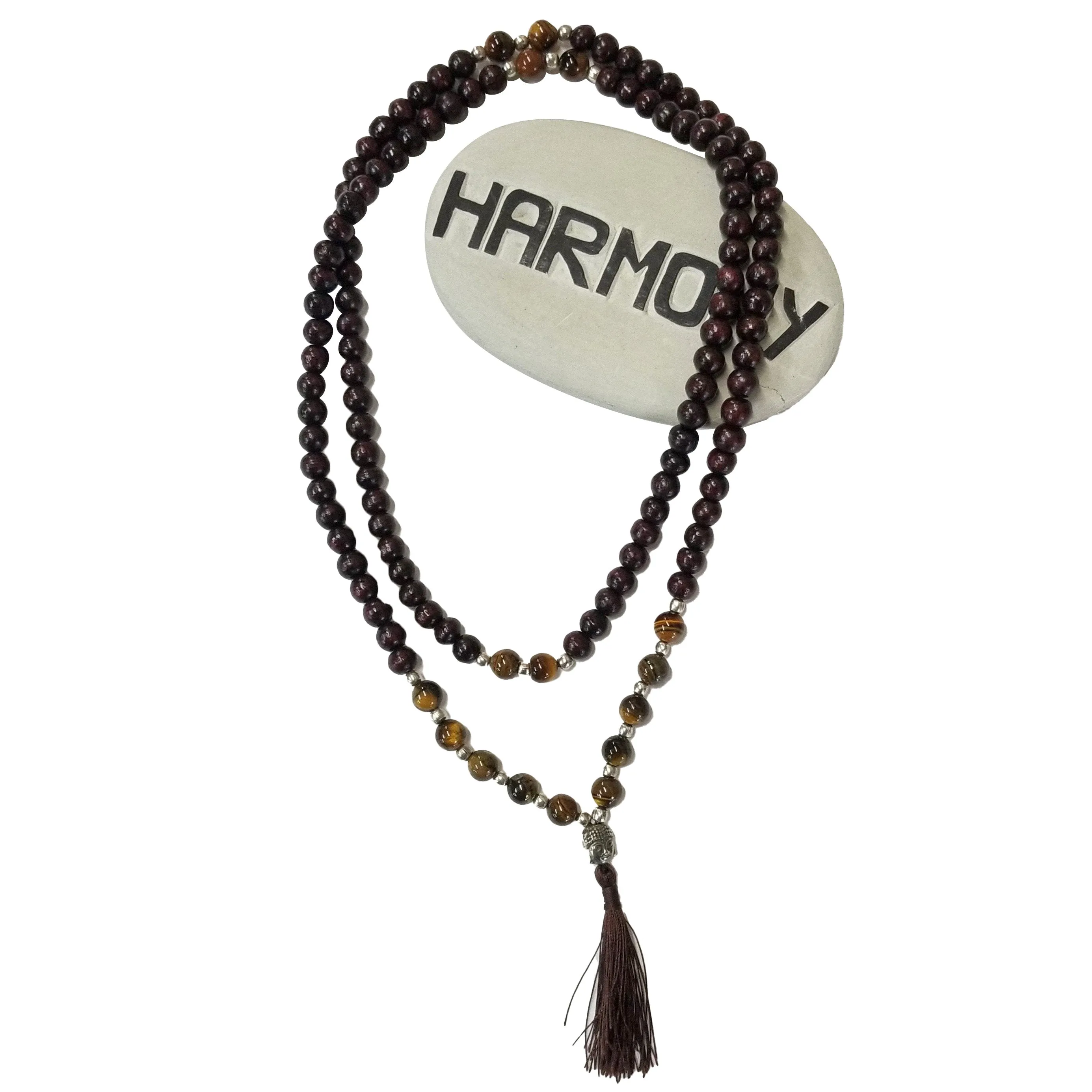 Wooden Beaded Mala Necklace with Tiger's Eye