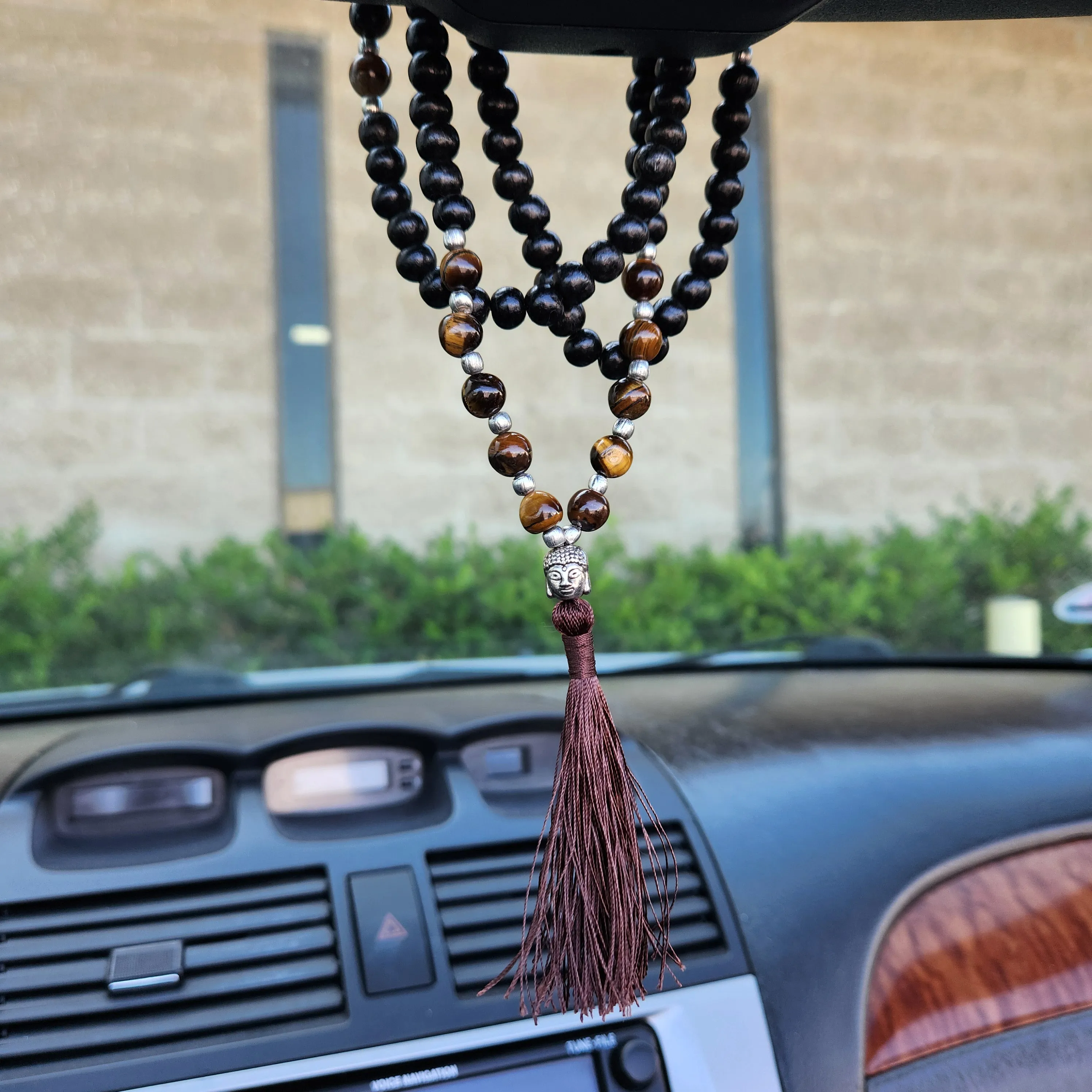 Wooden Beaded Mala Necklace with Tiger's Eye