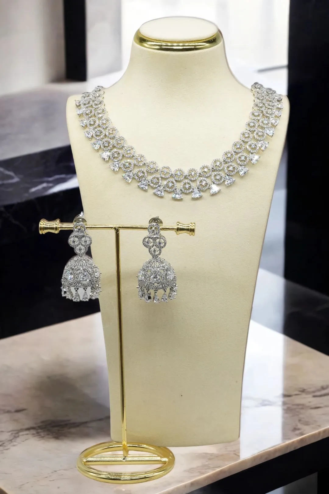 Zeba - Necklace Set with AD Diamante Accent Stones and Jhumka Earrings