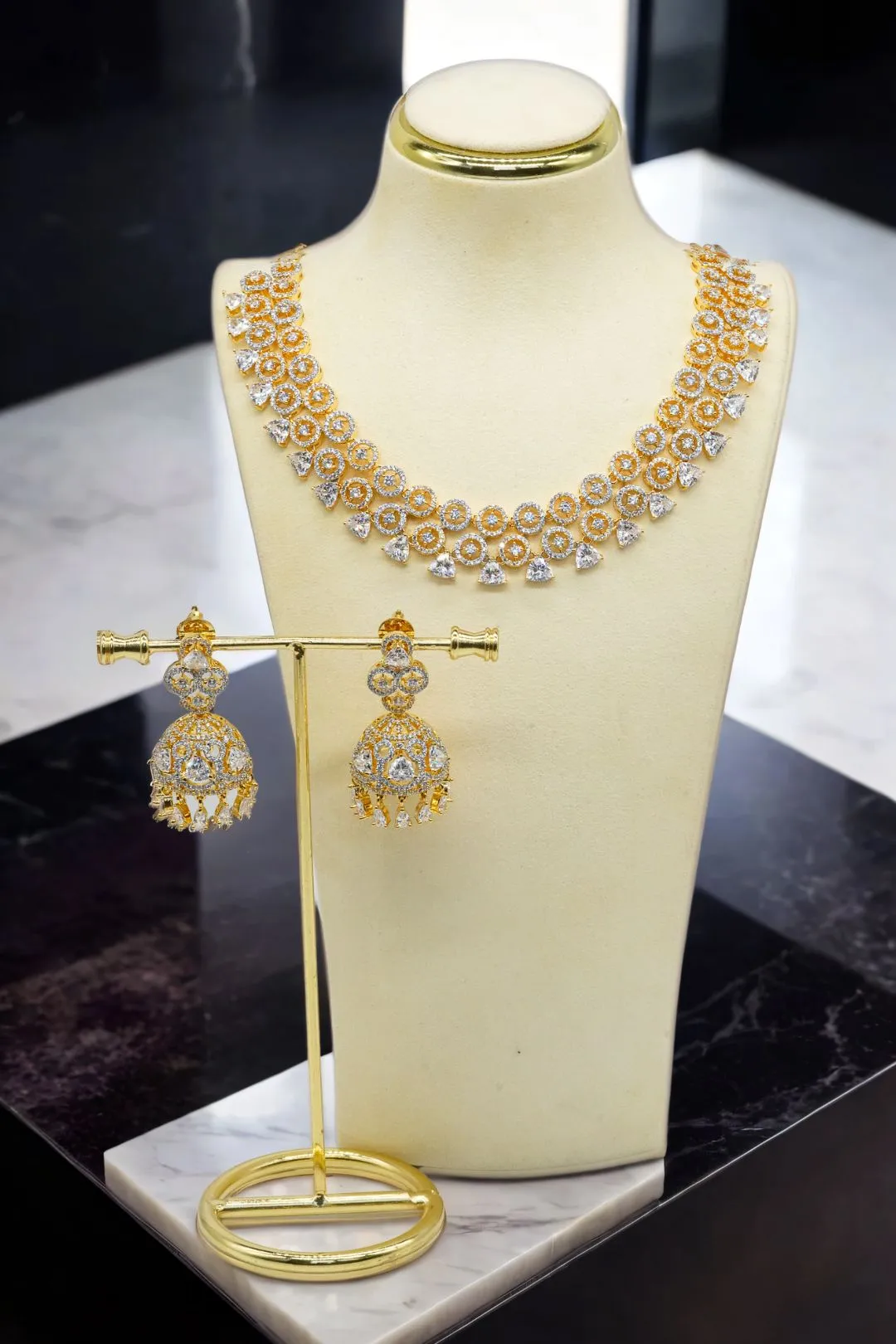 Zeba - Necklace Set with AD Diamante Accent Stones and Jhumka Earrings