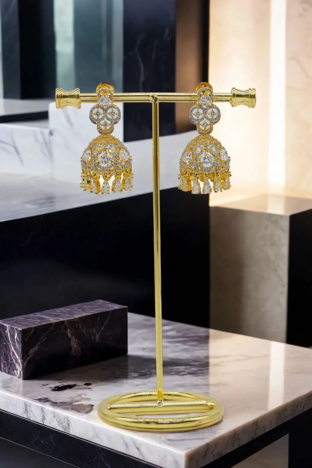 Zeba - Necklace Set with AD Diamante Accent Stones and Jhumka Earrings