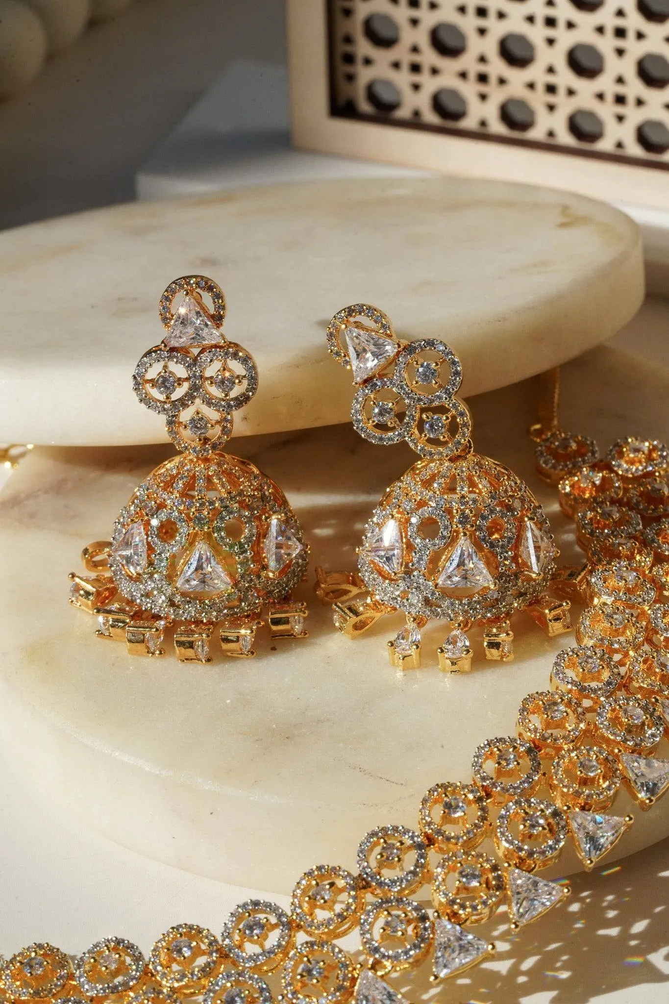 Zeba - Necklace Set with AD Diamante Accent Stones and Jhumka Earrings