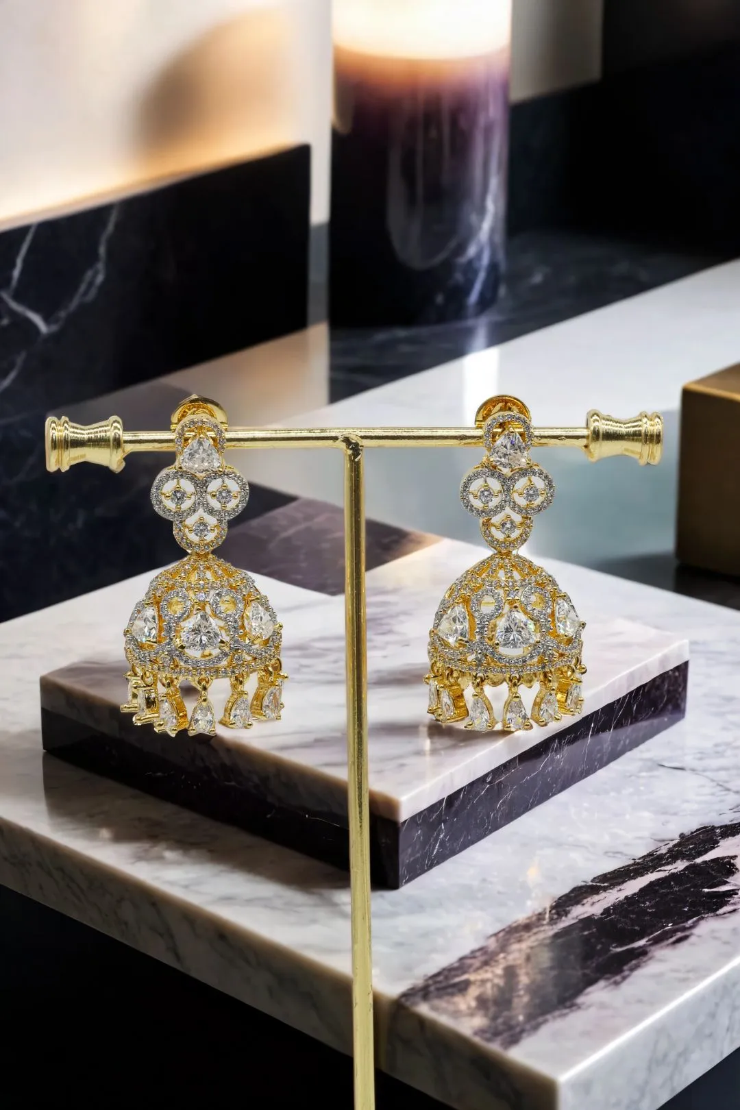 Zeba - Necklace Set with AD Diamante Accent Stones and Jhumka Earrings
