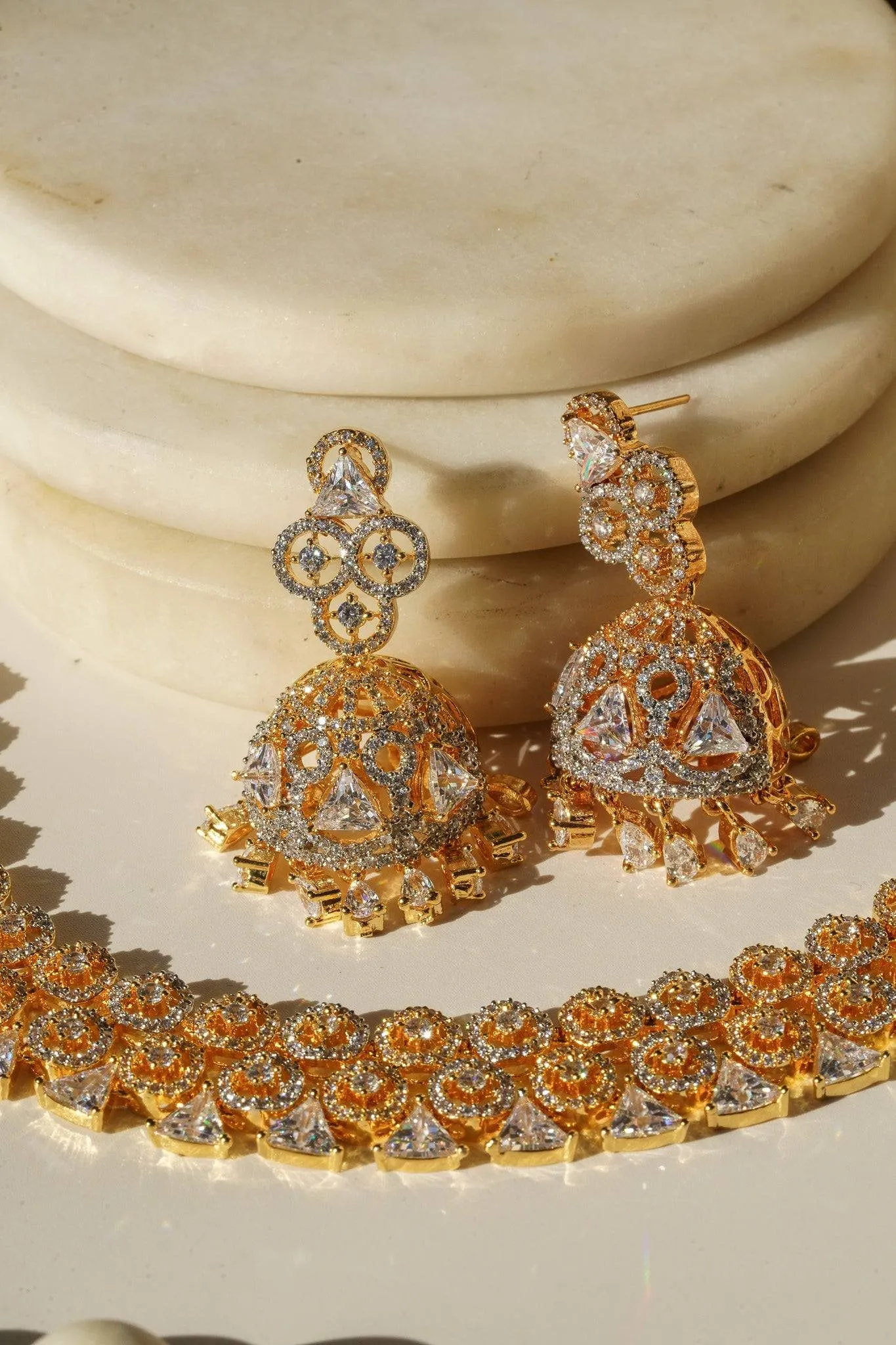 Zeba - Necklace Set with AD Diamante Accent Stones and Jhumka Earrings
